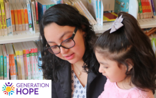 Young mother reading to child in library