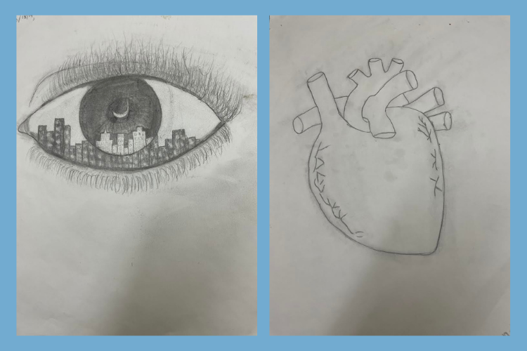 Drawing of an eye containing a cityscape and drawing of a heart