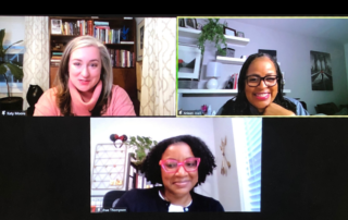 Screenshot of Zoom meeting with three speakers highlighted - Katy Moore in top left, Arleen Joell in top right, Jhae Thompson on bottom